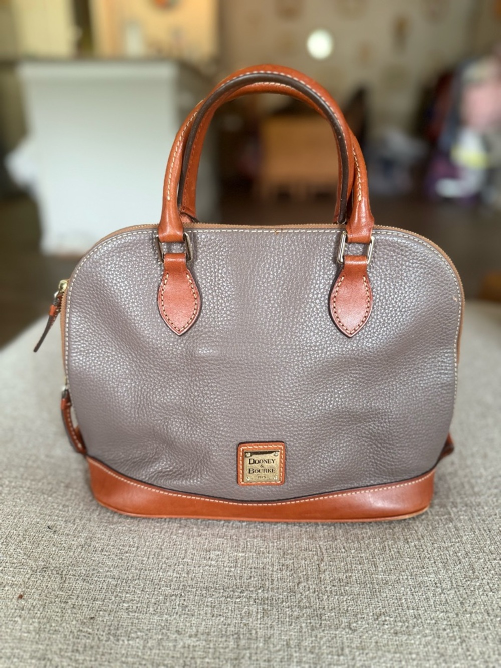 Dooney & Bourke Brown Pebbled Leather Satchel with Tan Handles
